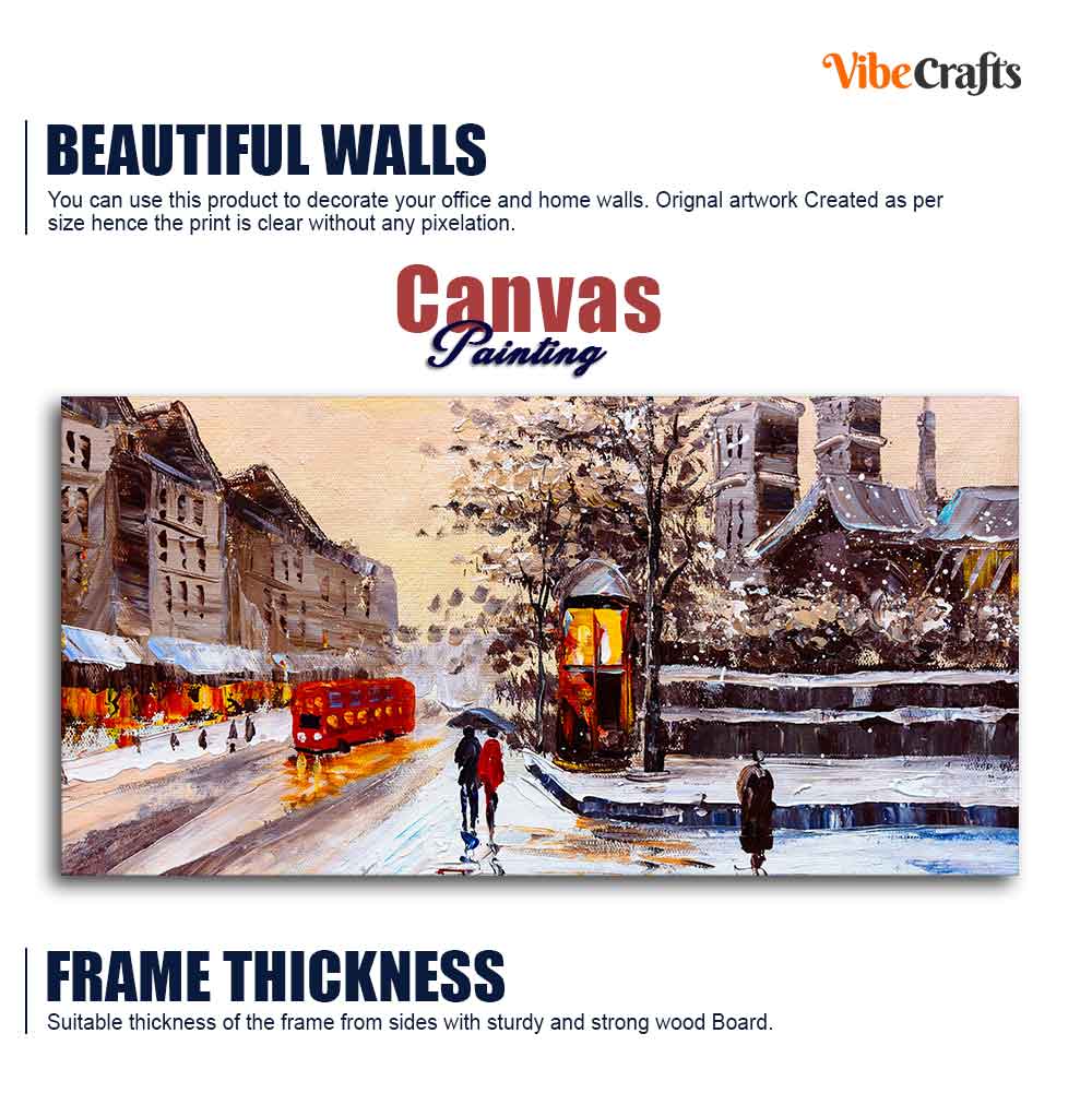 Canvas Wall Painting of Street view of London with Snowfall Background