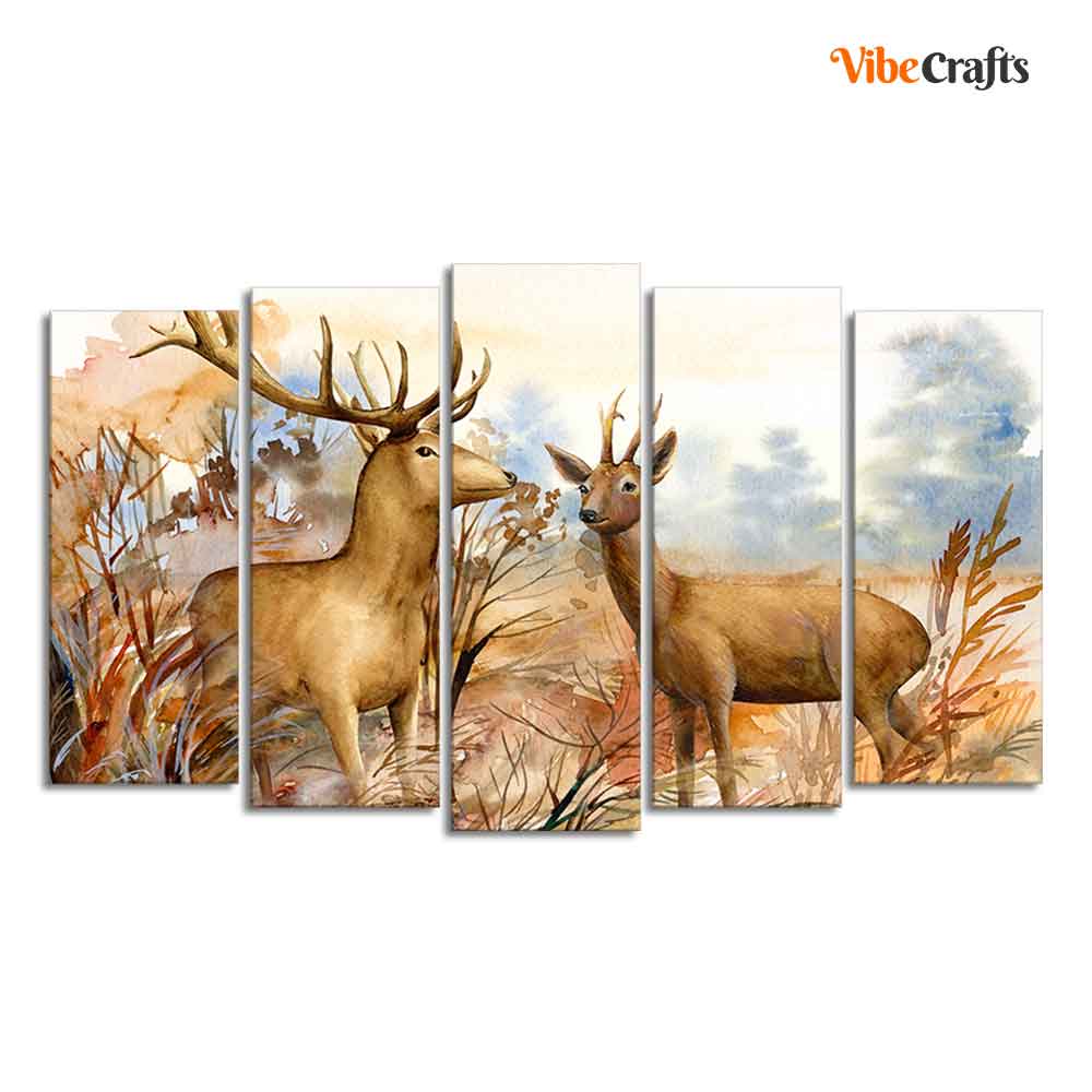 Canvas Wall Painting Pair of Deer in the Forest Set of Five Pieces