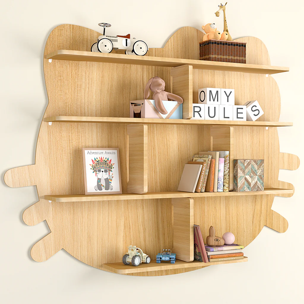 Cat Shape Backlit Designer Wooden Wall Shelf / Book Shelf / Night Light, Oak Finish