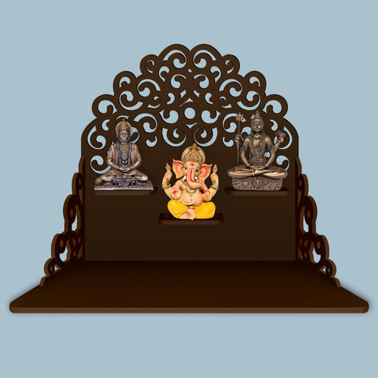 Classic Pattern Designer Wall Hanging Wooden Temple/ Pooja Mandir Design with Shelf, Brown Color