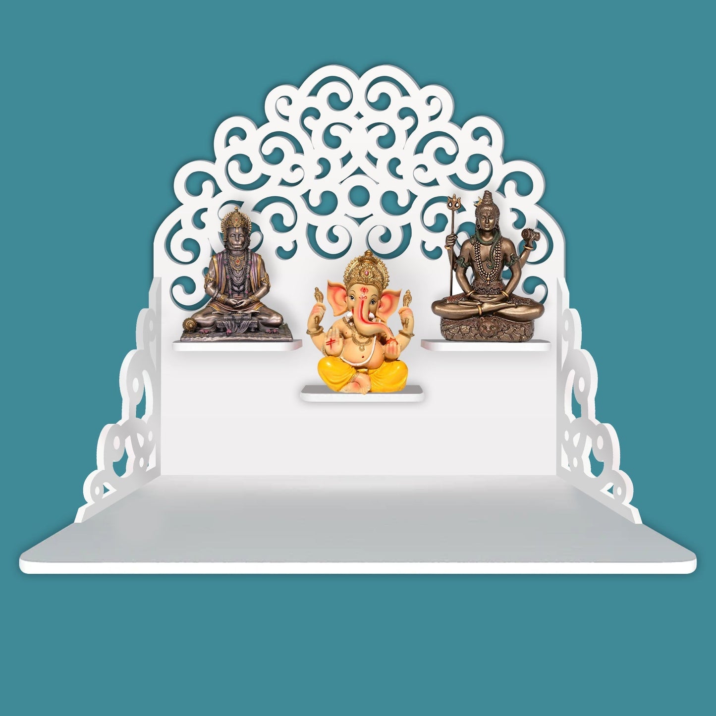 Classic Pattern Designer Wall Hanging Wooden Temple/ Pooja Mandir Design with Shelf, White Color