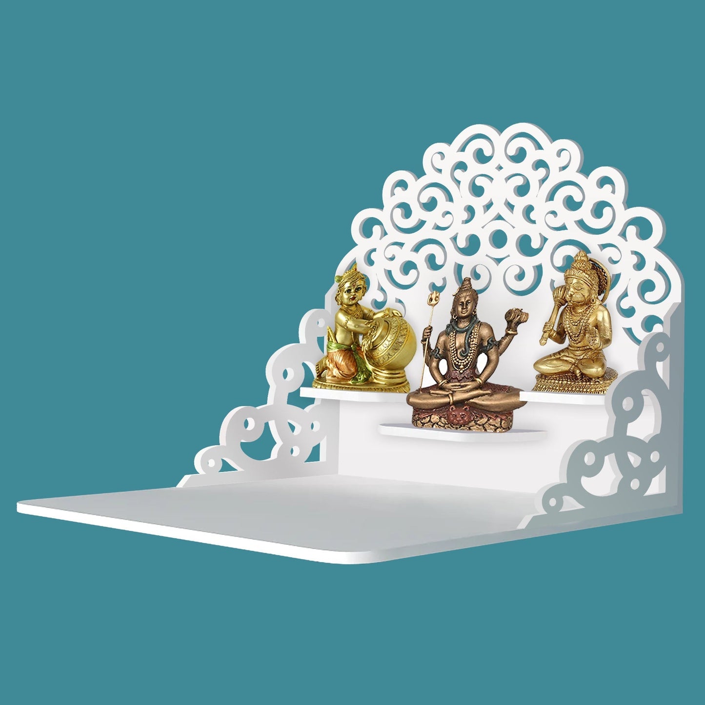 Classic Pattern Designer Wall Hanging Wooden Temple/ Pooja Mandir Design with Shelf, White Color