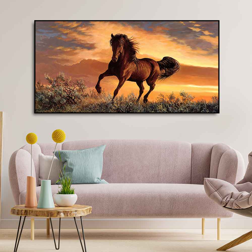 Classic Premium Quality Wall Painting of Brown Horse in Sunset