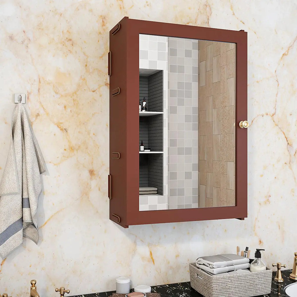 Classic Structured Wooden Bathroom Cabinet Mirror with 7 Spacious Shelves with Solid Brown Finish