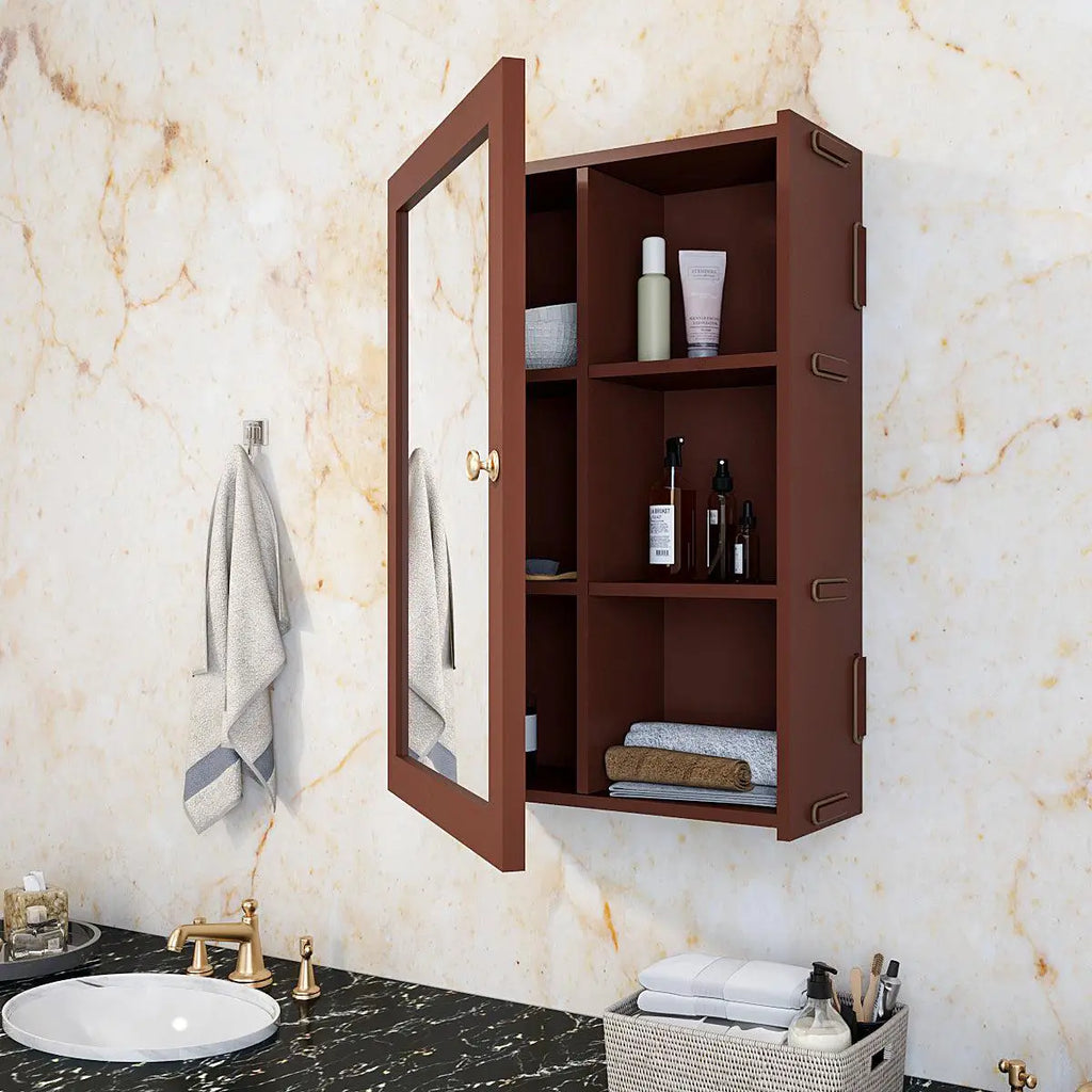 Classic Structured Wooden Bathroom Cabinet Mirror with 7 Spacious Shelves with Solid Brown Finish