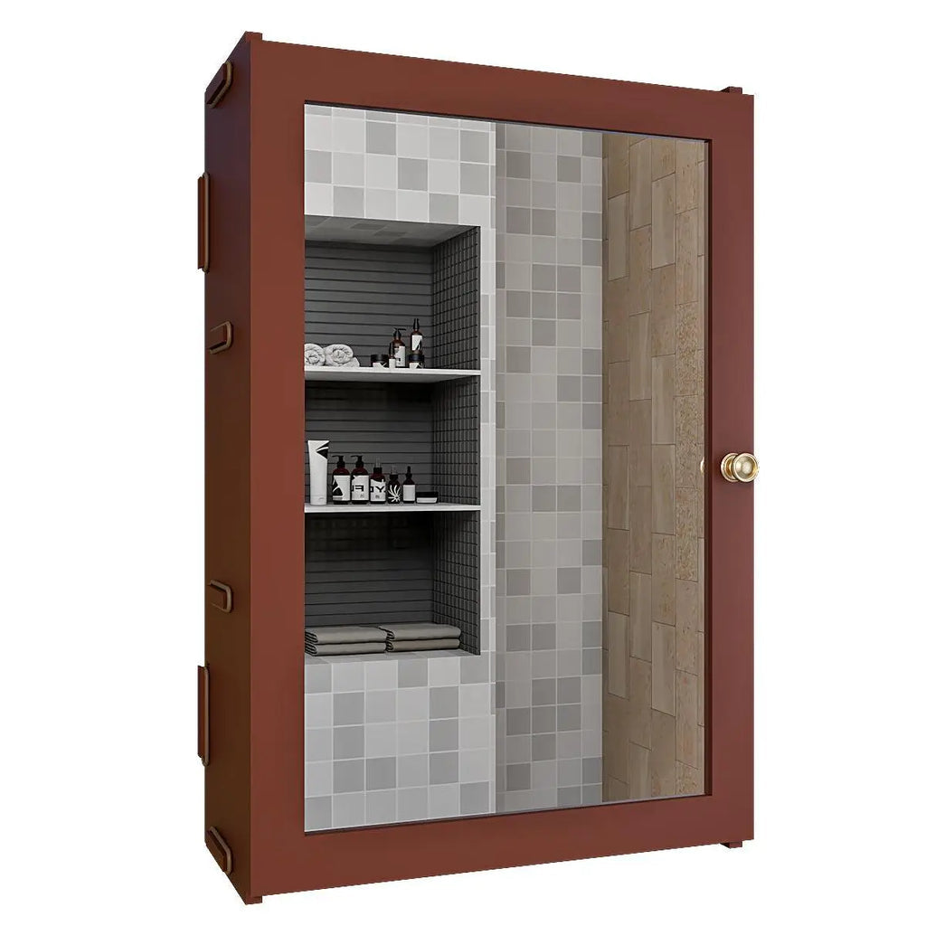 Classic Structured Wooden Bathroom Cabinet Mirror with 7 Spacious Shelves with Solid Brown Finish