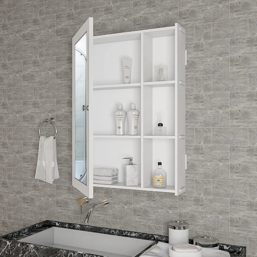 Classic Style White Finish Wooden Bathroom Mirror Cabinet with 5 Spacious Shelves