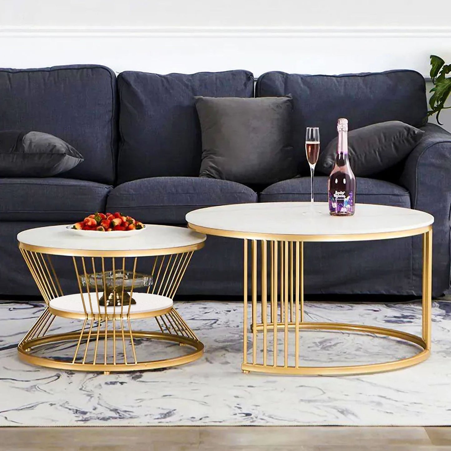 Classic Style White Marble Complementing Golden Coffee Table Set of 2