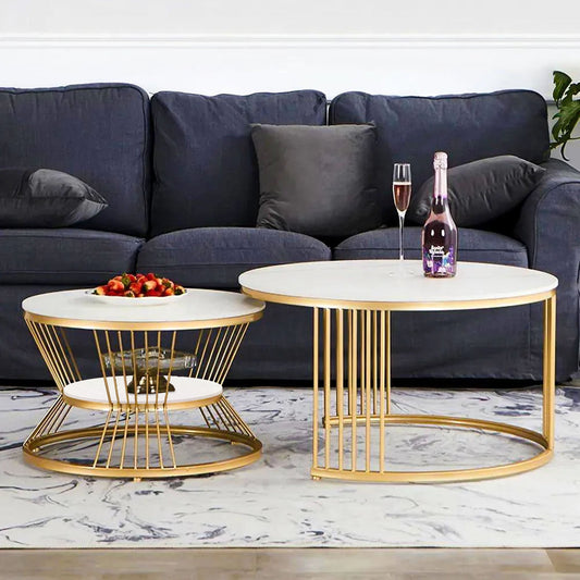 Classic Style White Marble Complementing Golden Coffee Table Set of 2