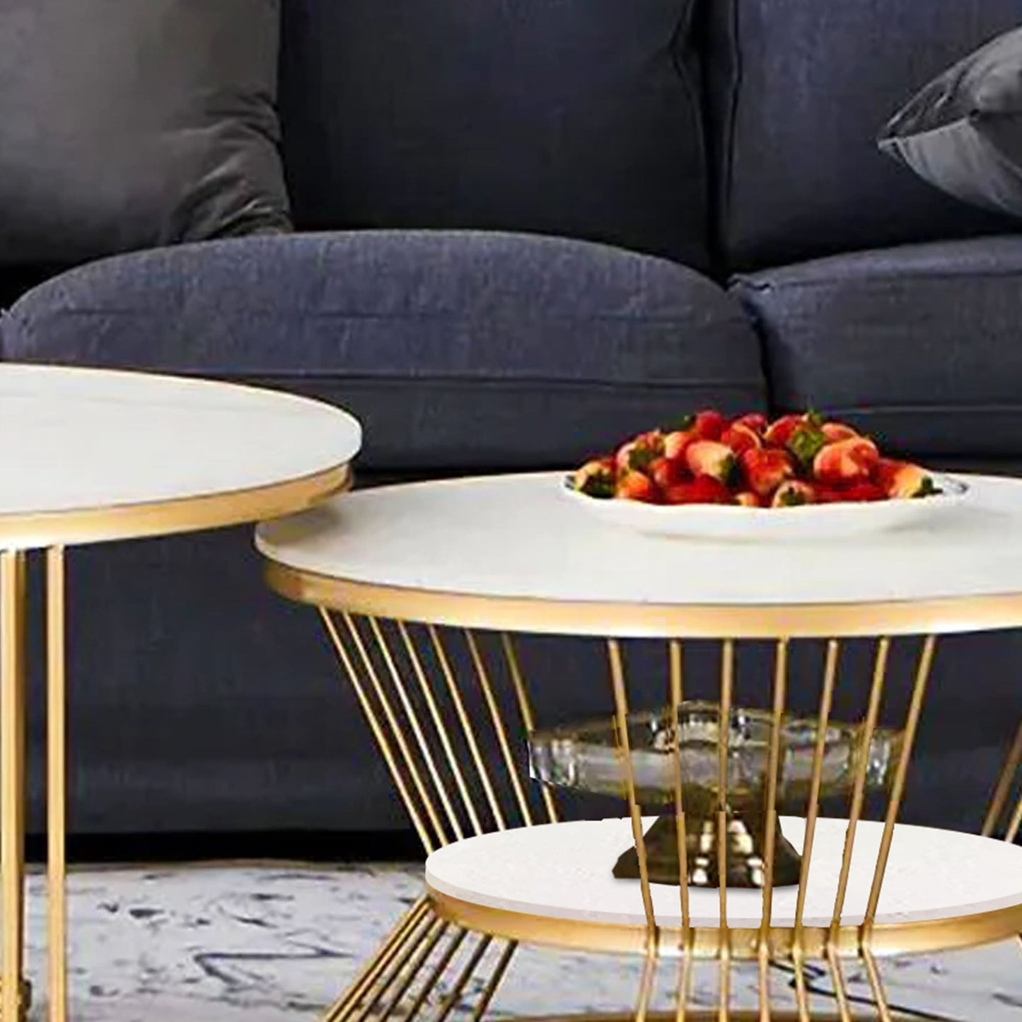 Classic Style White Marble Complementing Golden Coffee Table Set of 2