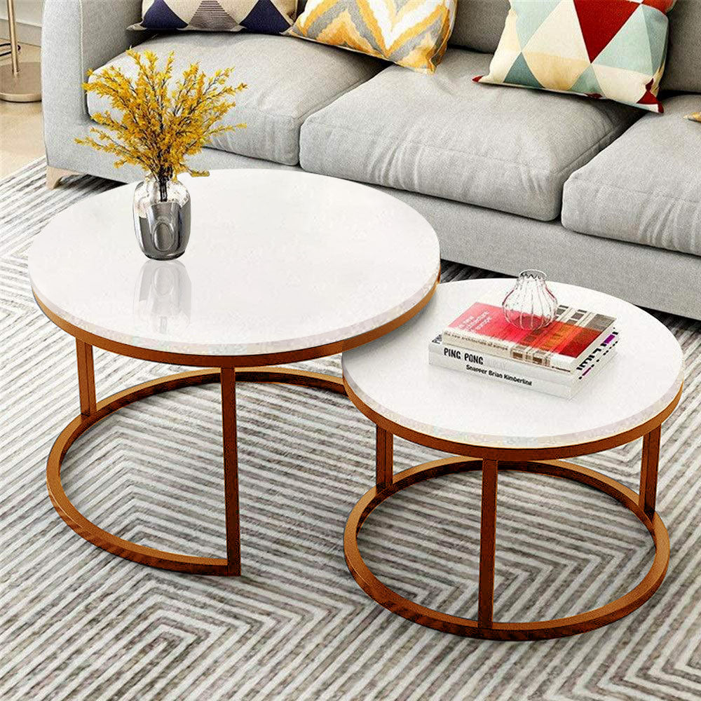 Classic Style White Round Coffee Table Set of 2