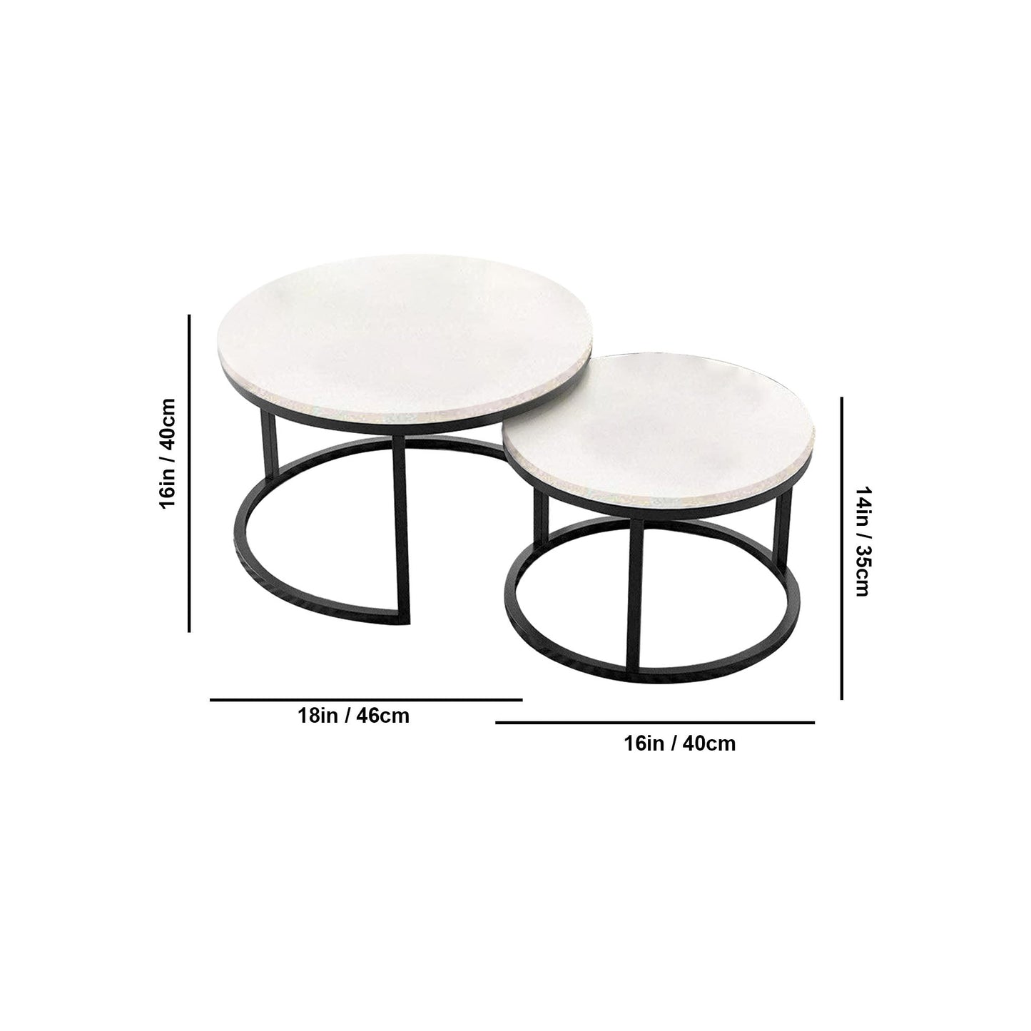 Classic White with Black Metallic Finish Round Coffee Table Set of 2