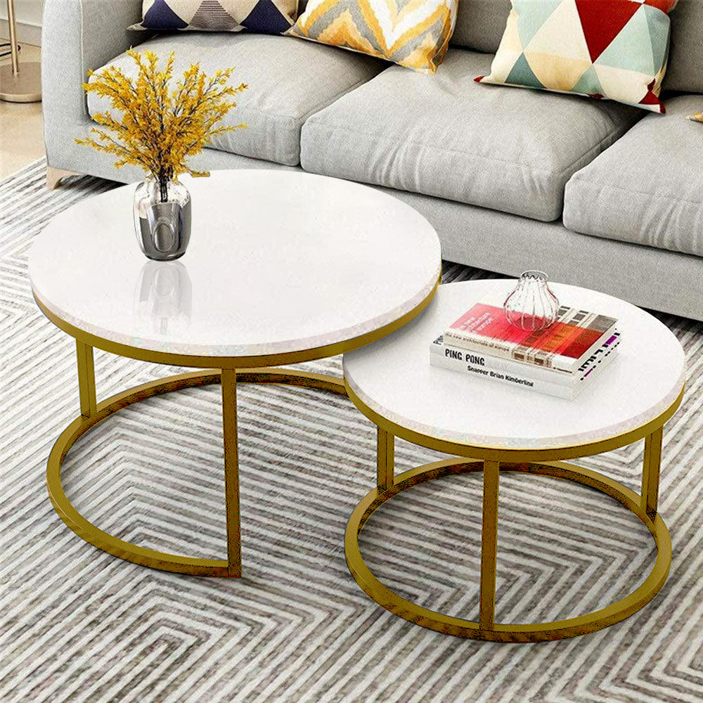 Classic White with Golden Metallic Finish Round Coffee Table Set of 2