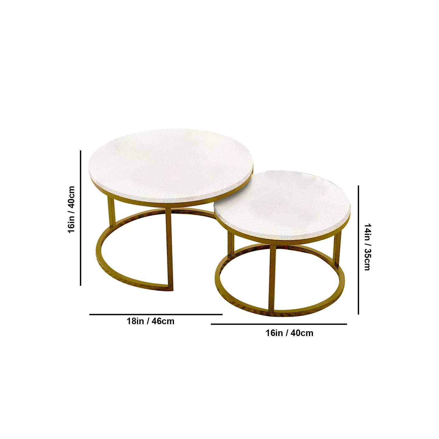 Classic White with Golden Metallic Finish Round Coffee Table Set of 2