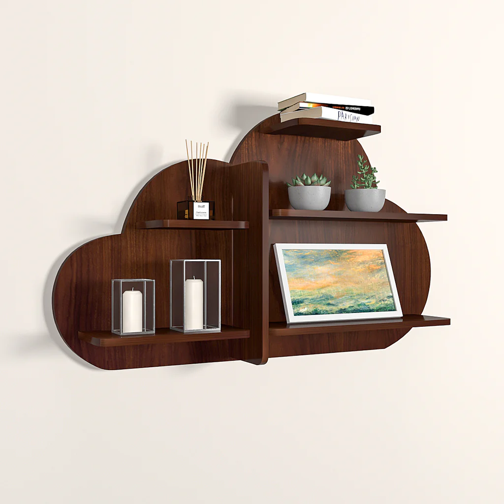 Cloud Shape Backlit Designer Wooden Wall Shelf / Book Shelf / Night Light, Walnut Finish