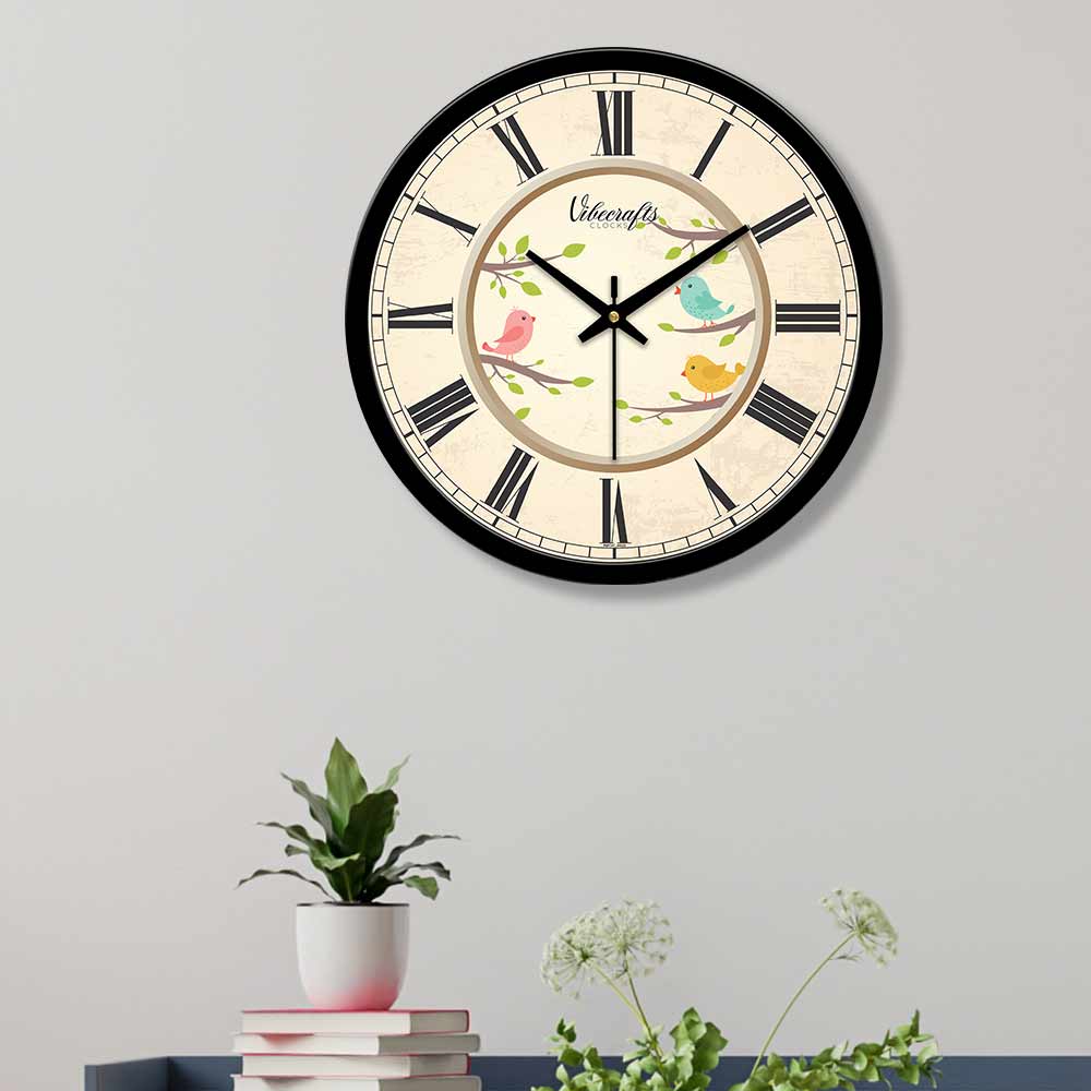 Colourful Birds On Green Trees Premium Wall Clock