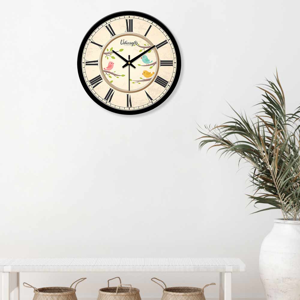 Colourful Birds On Green Trees Premium Wall Clock