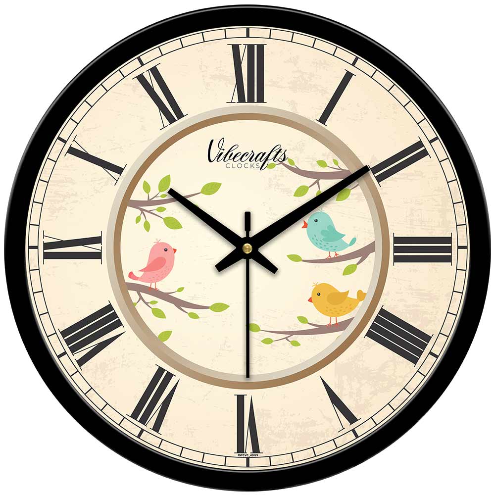 Colourful Birds On Green Trees Premium Wall Clock