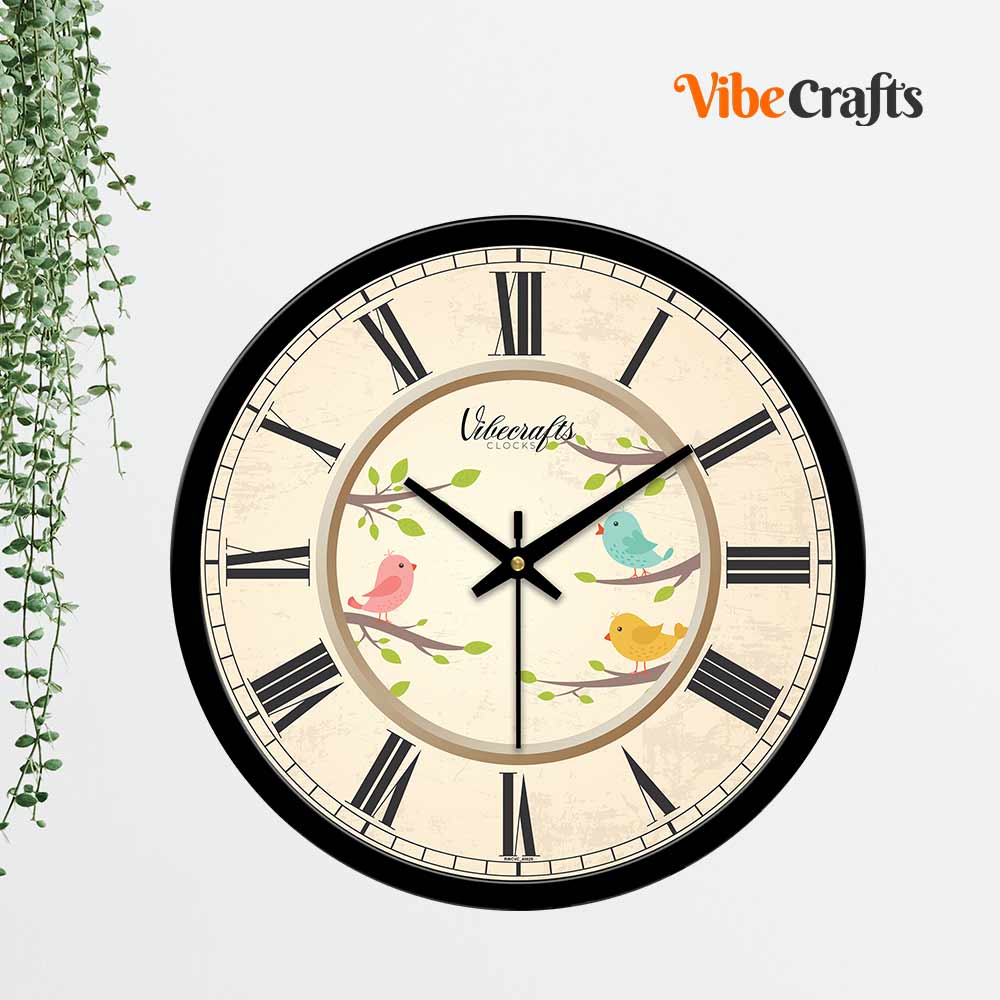 Colourful Birds On Green Trees Premium Wall Clock