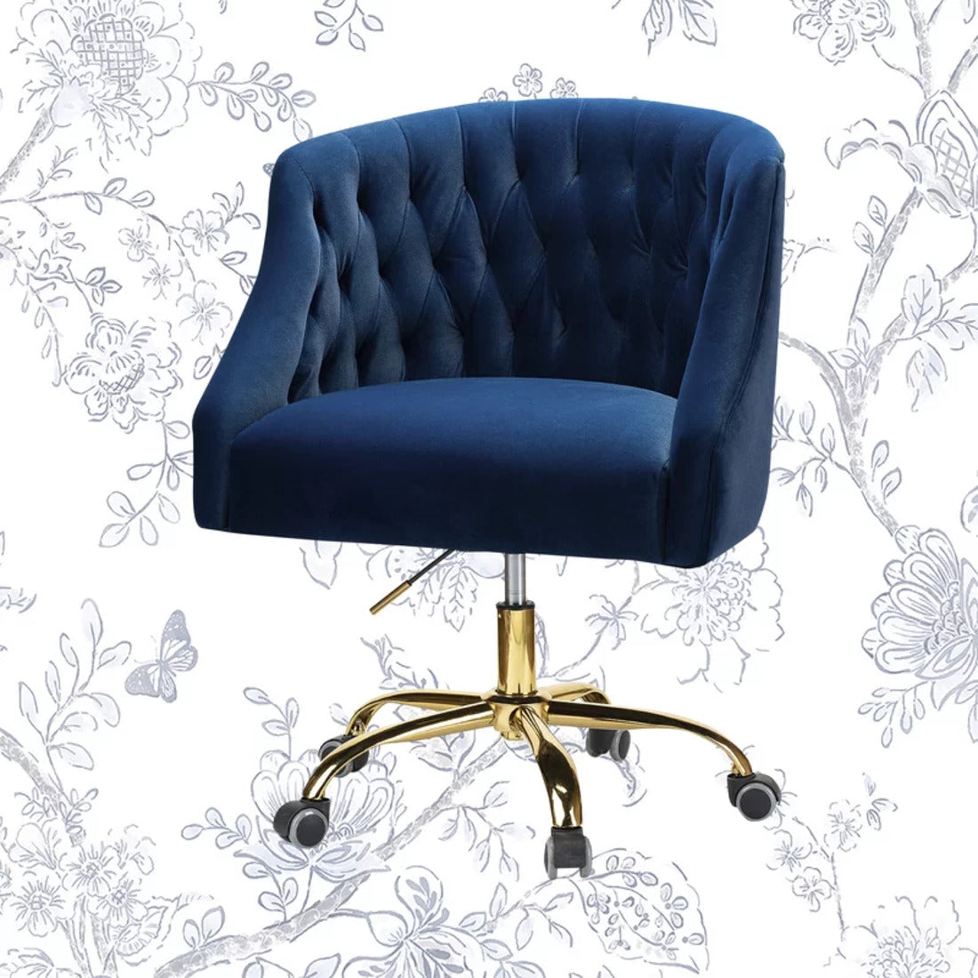 Comfort Tufted Back Blue PU Foam Accent Chair with Golden Base