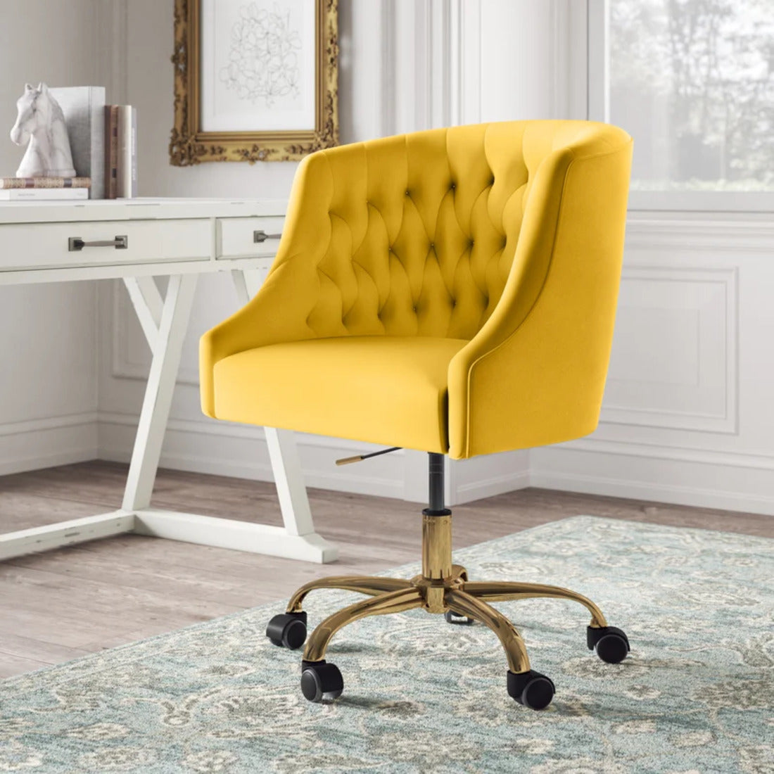 Comfort Tufted Back Yellow PU Foam Accent Chair with Golden Base