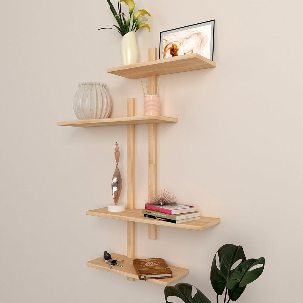 Contemporary Designer Wall Shelf with Light Oak Finish