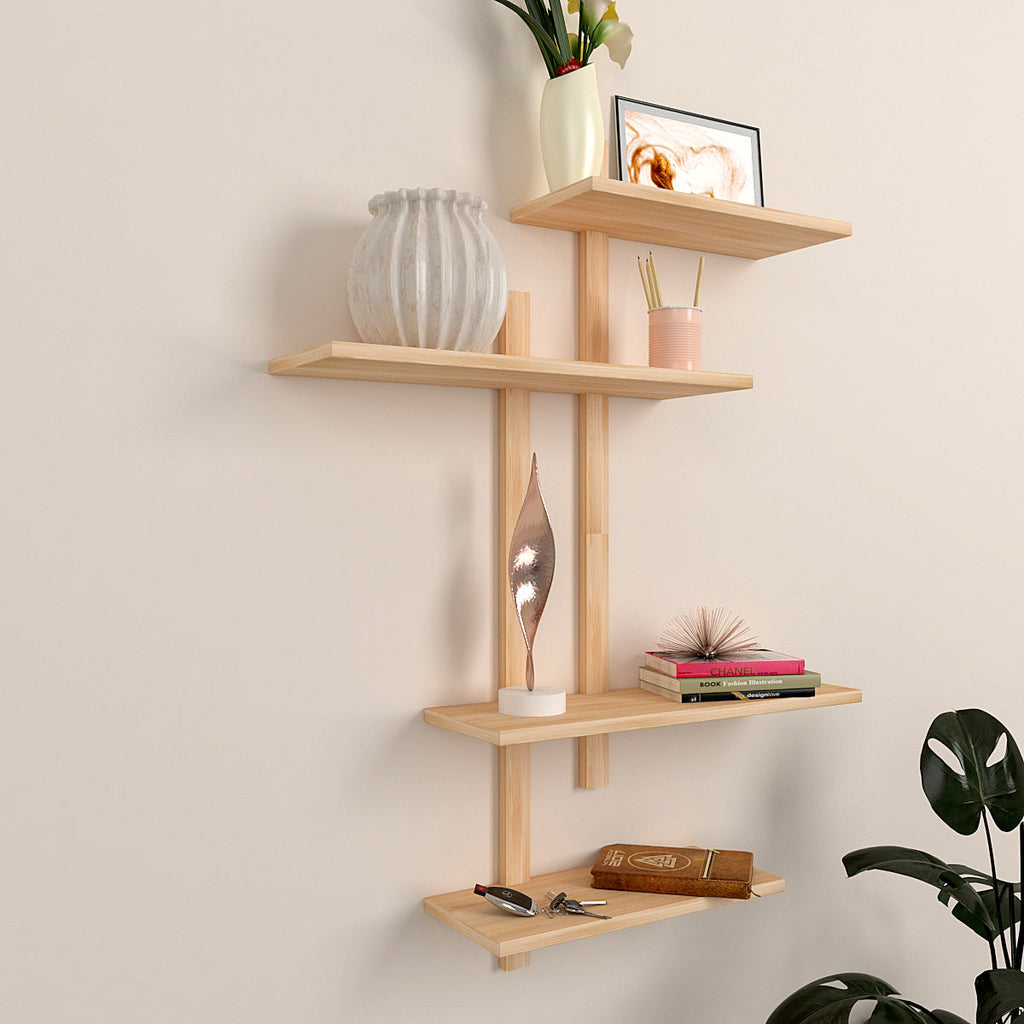 Contemporary Designer Wall Shelf with Light Oak Finish