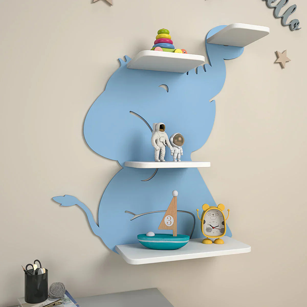 Cute Little Elephant Shape Wooden Wall Shelf for Kids