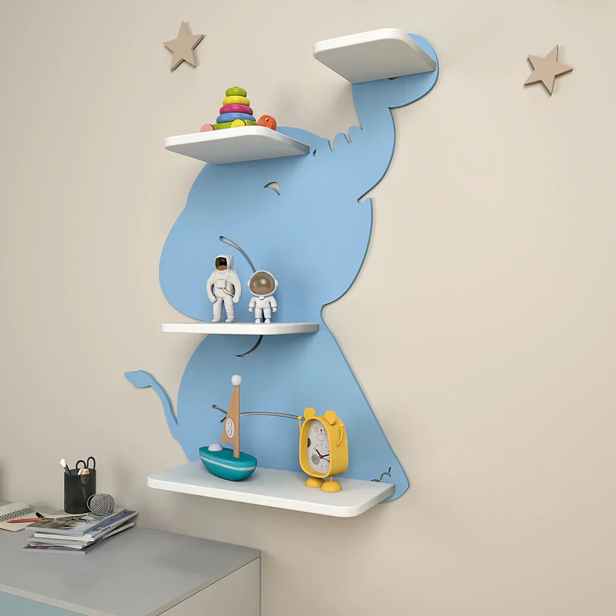 Cute Little Elephant Shape Wooden Wall Shelf for Kids