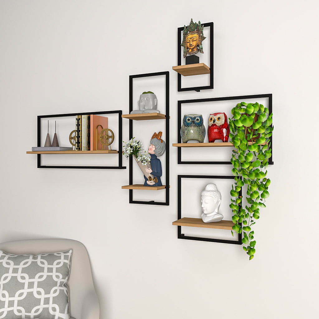 Decorative Metal Framed Wall Shelves In Urban Motif Set Of 5