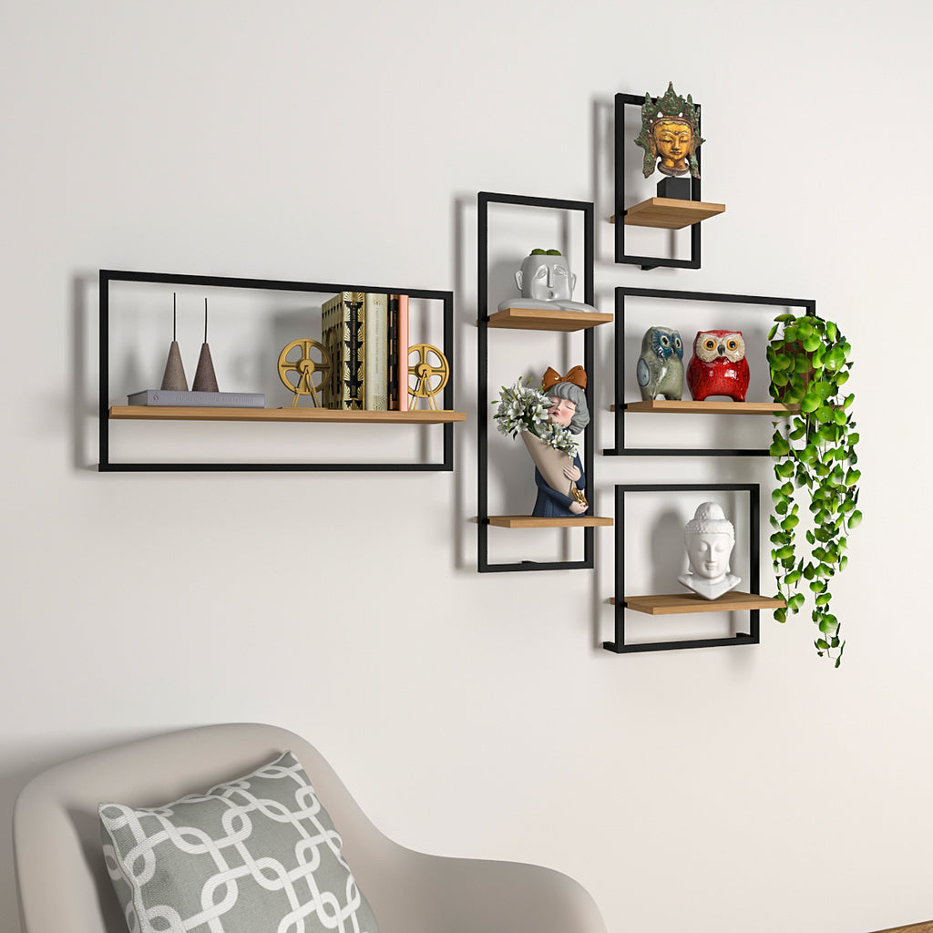 Decorative Metal Framed Wall Shelves In Urban Motif Set Of 5