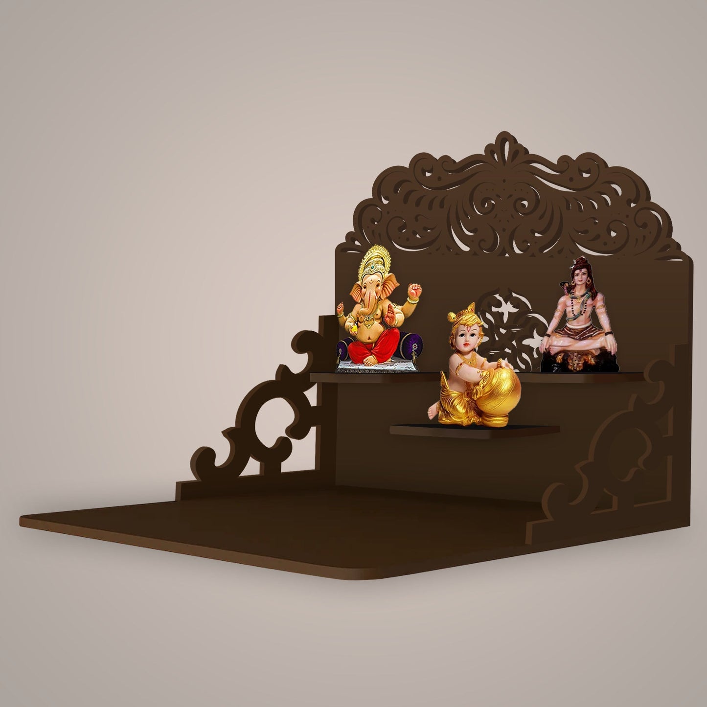 Designer Aesthetic Pattern Wall Hanging Wooden Temple/ Pooja Mandir Design with Shelf, Brown Color