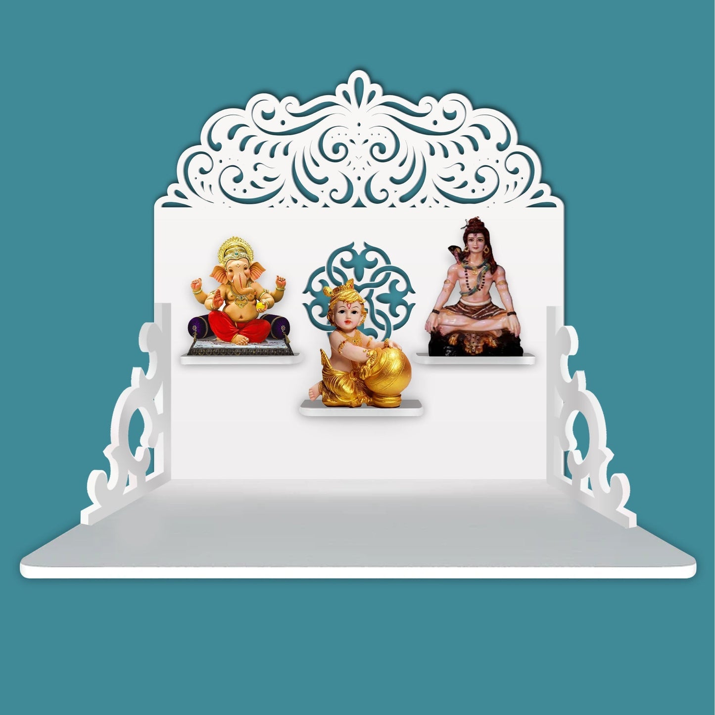 Designer Aesthetic Pattern Wall Hanging Wooden Temple/ Pooja Mandir Design with Shelf, White Color