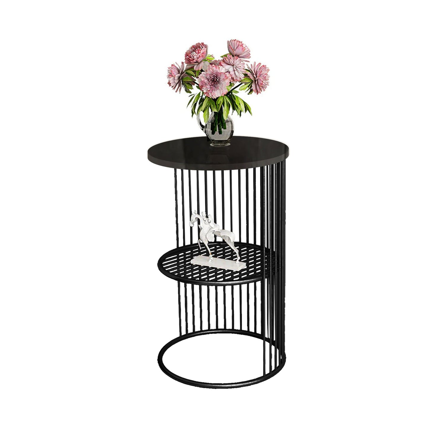 Designer Art Classic Black Finish Half Caged Coffee Round Side Table