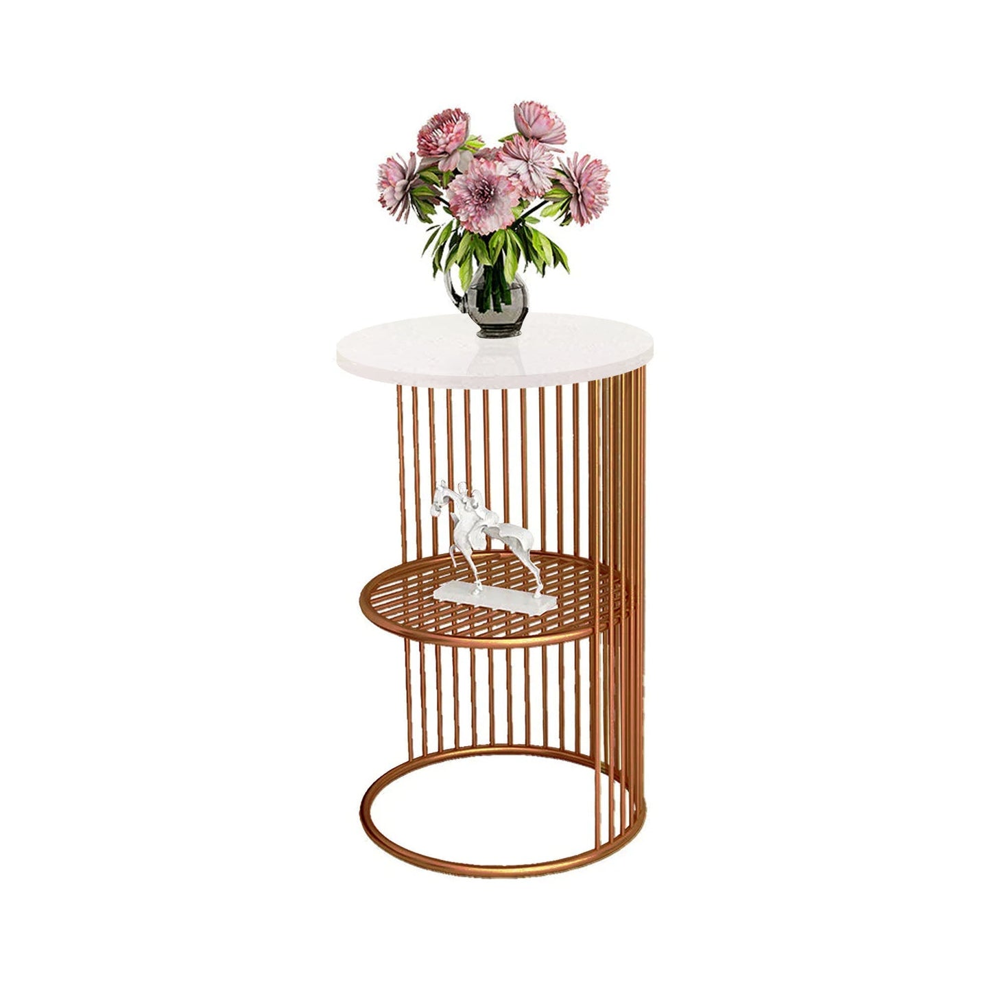 Designer Art Copper Half Caged White with Marble Coffee Round Side Table