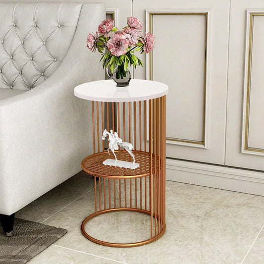 Designer Art Copper Half Caged White with Marble Coffee Round Side Table