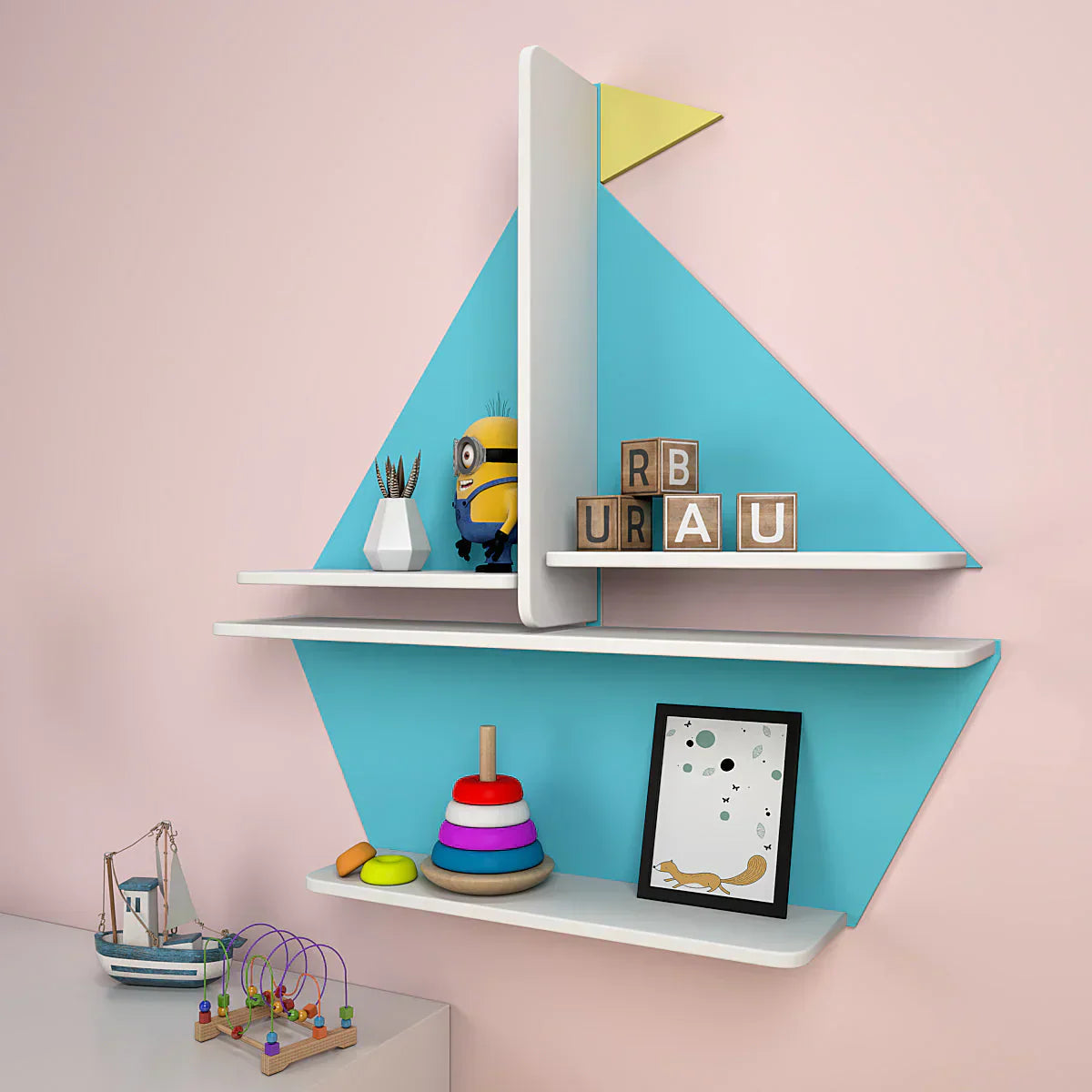 Designer Boat Shaped Blue Wooden Wall Shelf for Kids