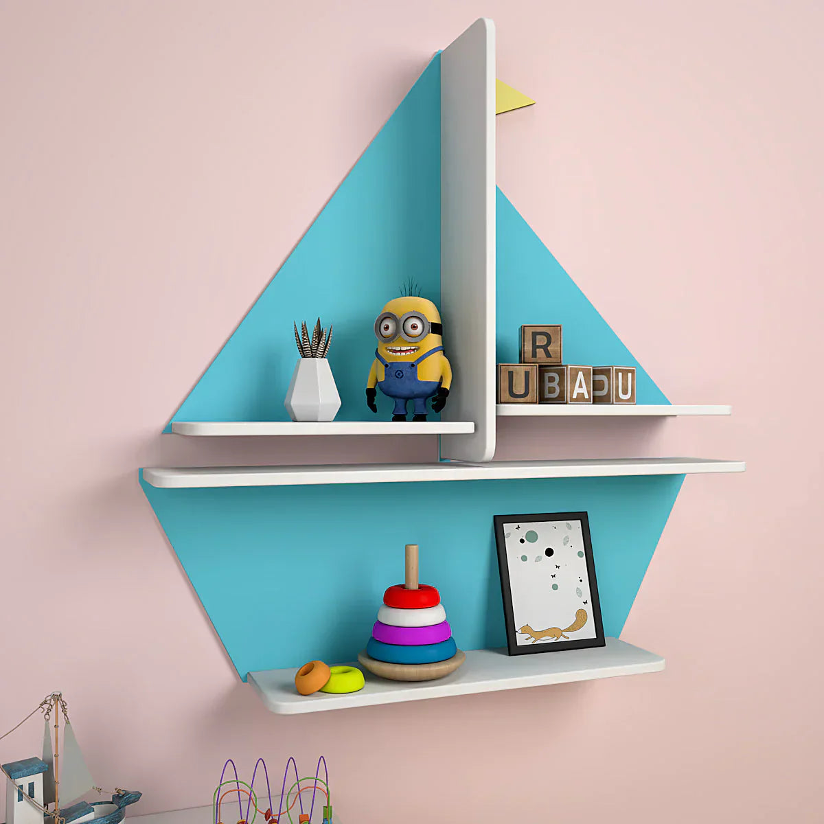 Designer Boat Shaped Blue Wooden Wall Shelf for Kids