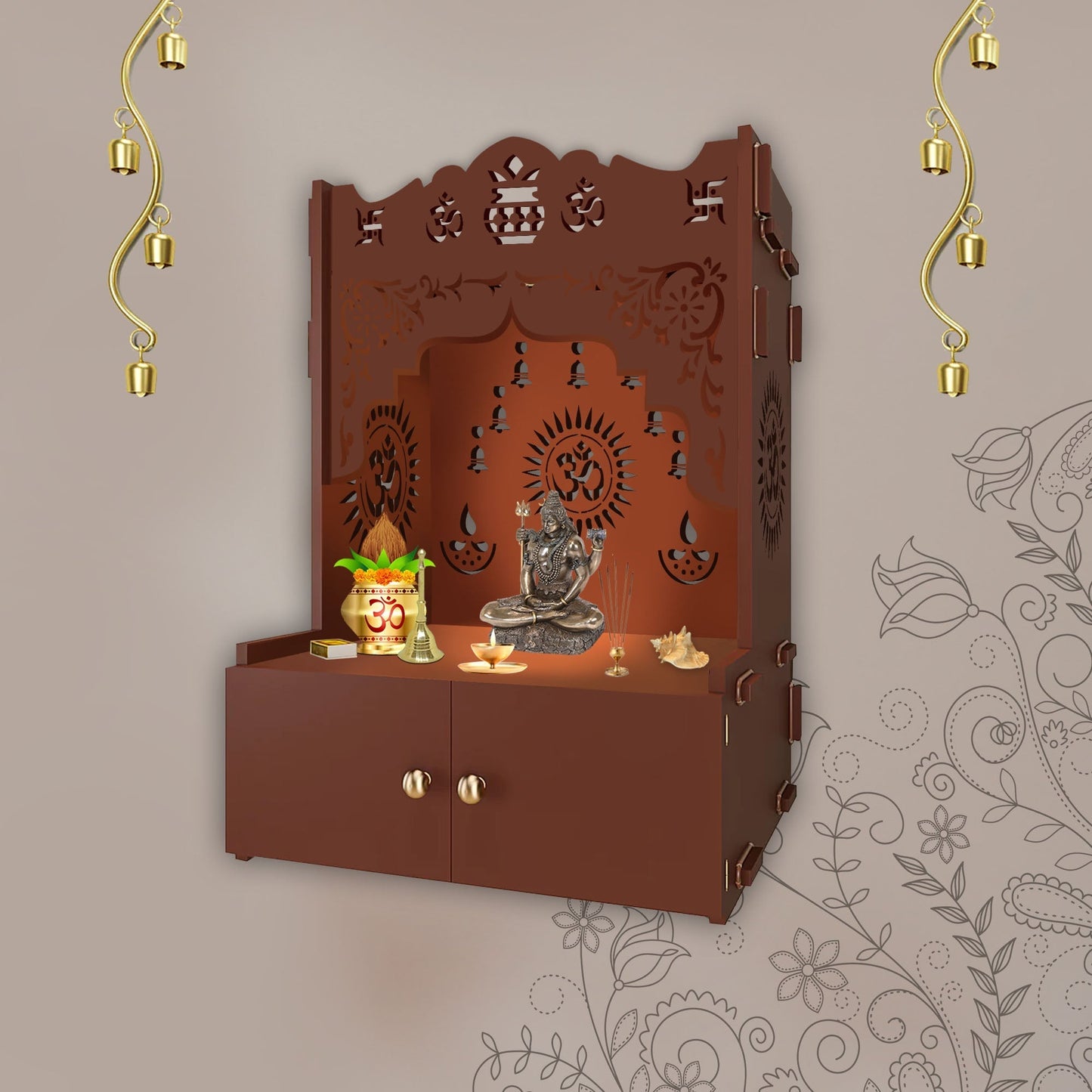 Designer Holy Symbol Om Brown Wood Temple with Inbuilt Focus Light & Spacious Shelf