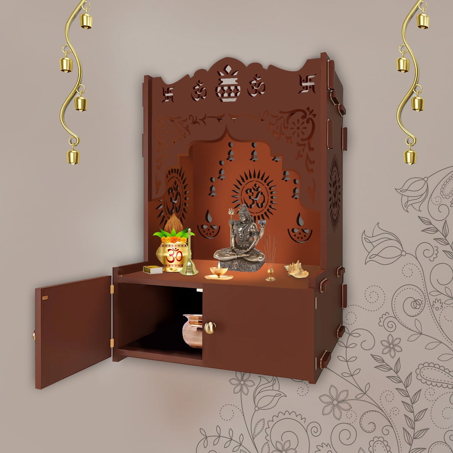 Designer Holy Symbol Om Brown Wood Temple with Inbuilt Focus Light & Spacious Shelf