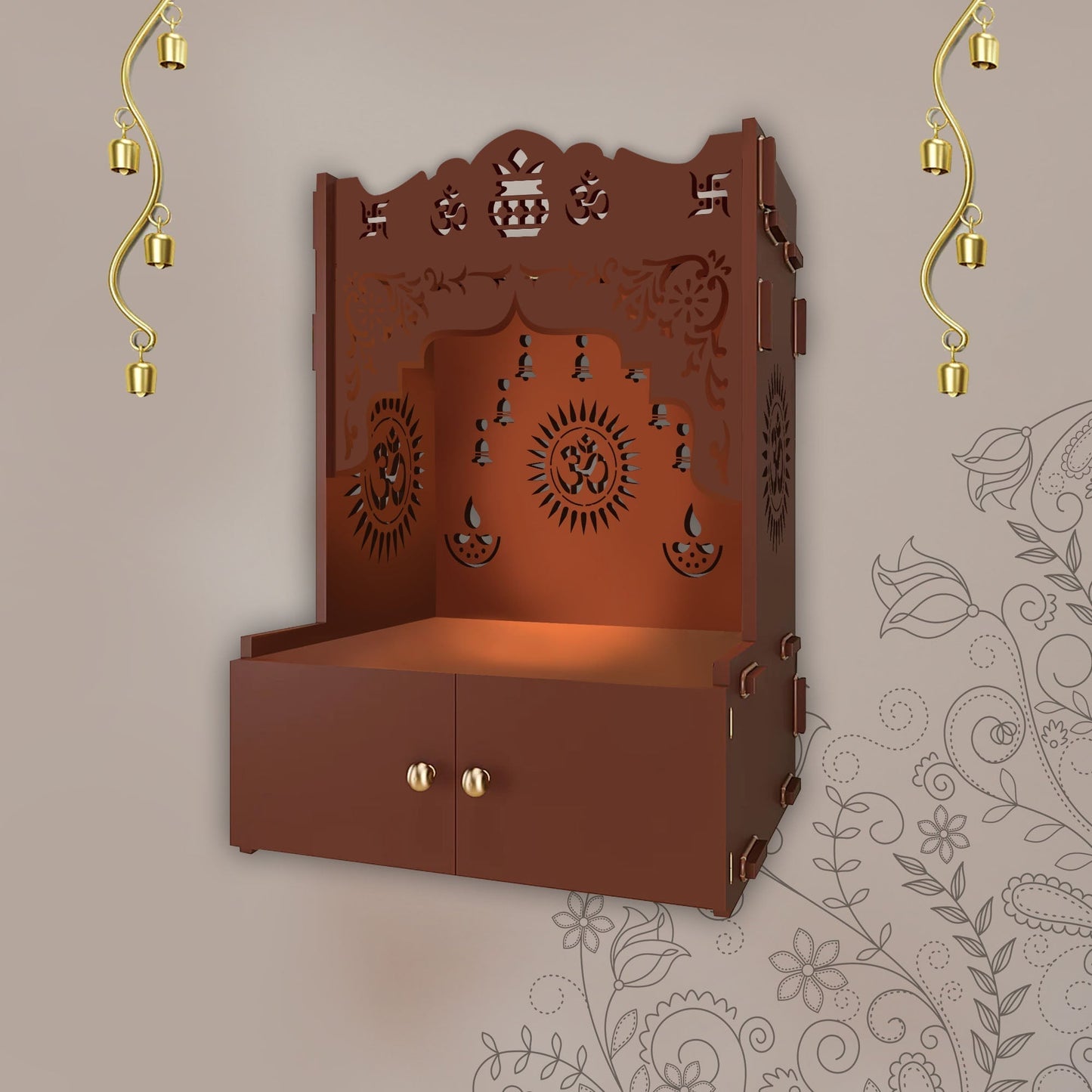 Designer Holy Symbol Om Brown Wood Temple with Inbuilt Focus Light & Spacious Shelf