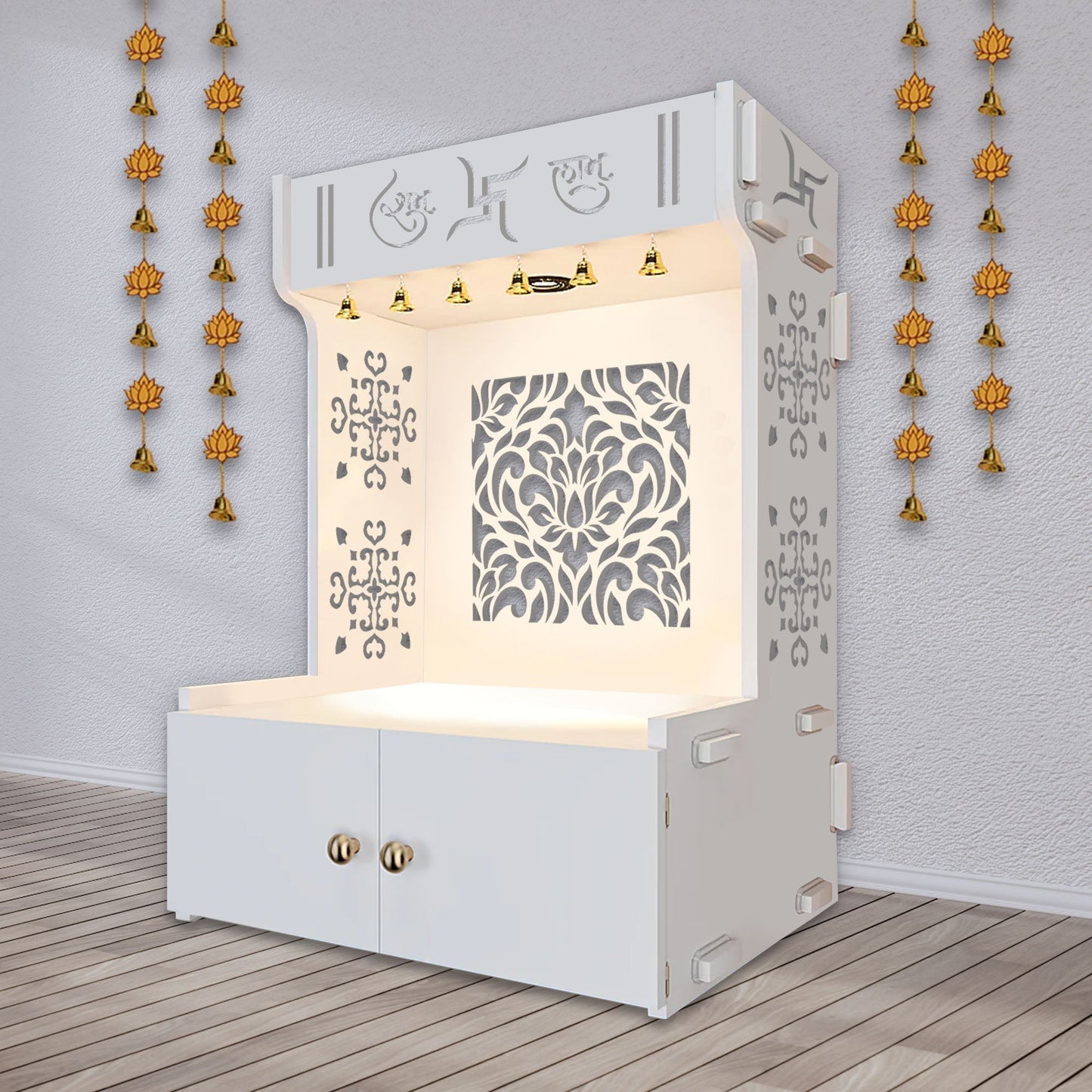 Designer Intricate Jali Design Pattern Floor Temple with Spacious Wooden Shelf & Inbuilt Focus Light- White Finish