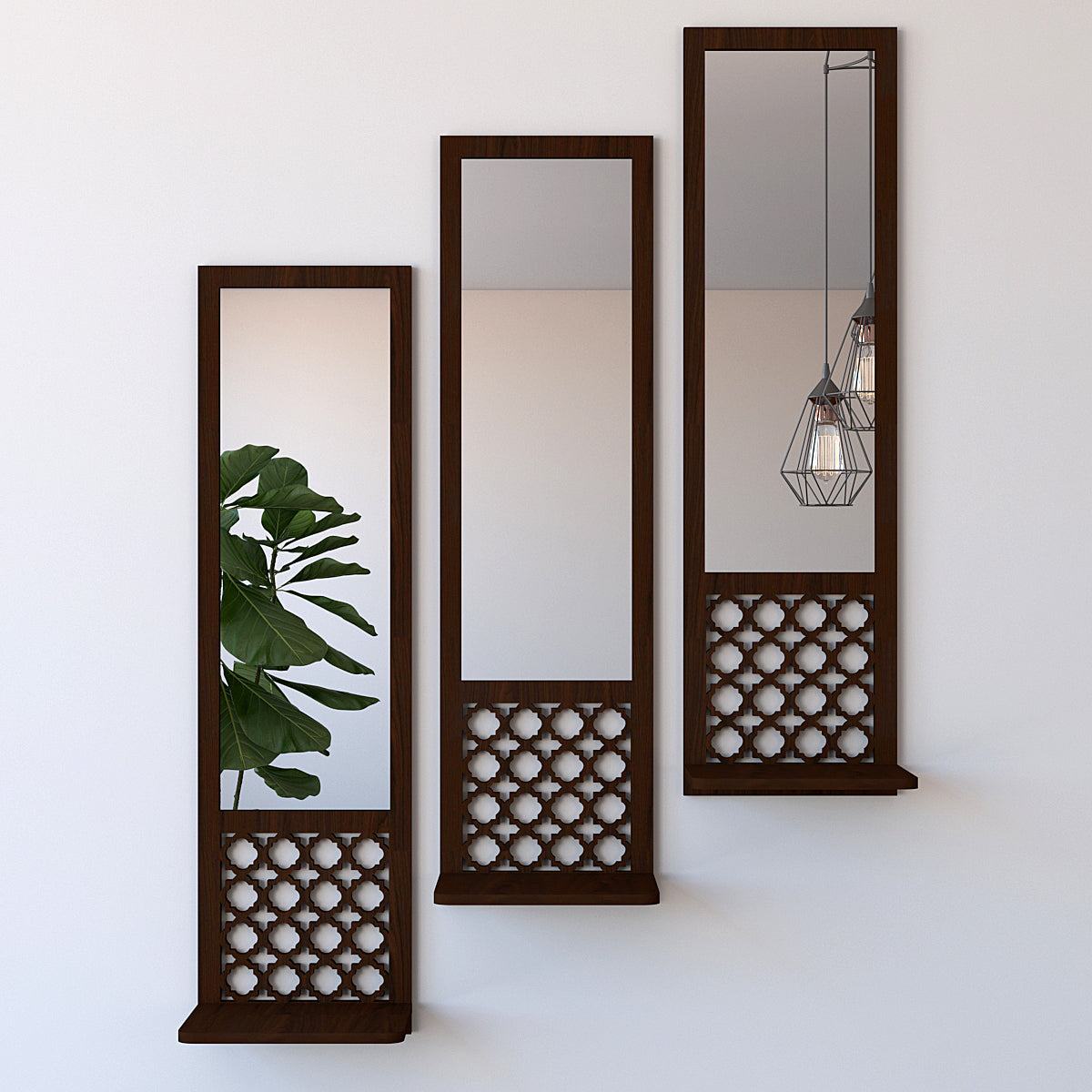 Designer Morrocan Wooden Finish Long Wall Mirror-Set of 3