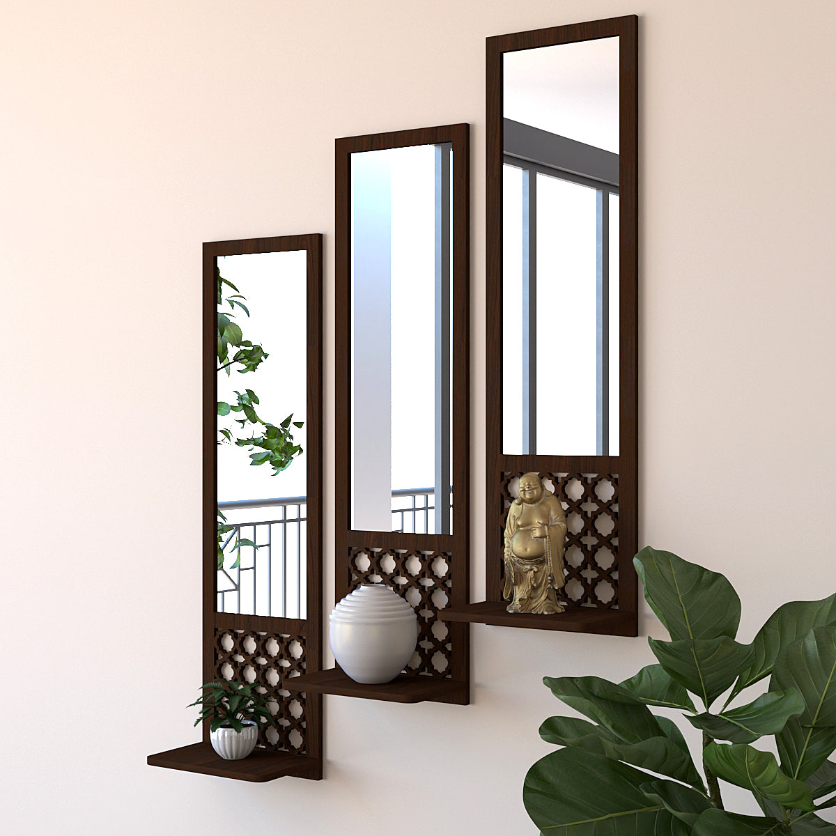 Designer Morrocan Wooden Finish Long Wall Mirror-Set of 3