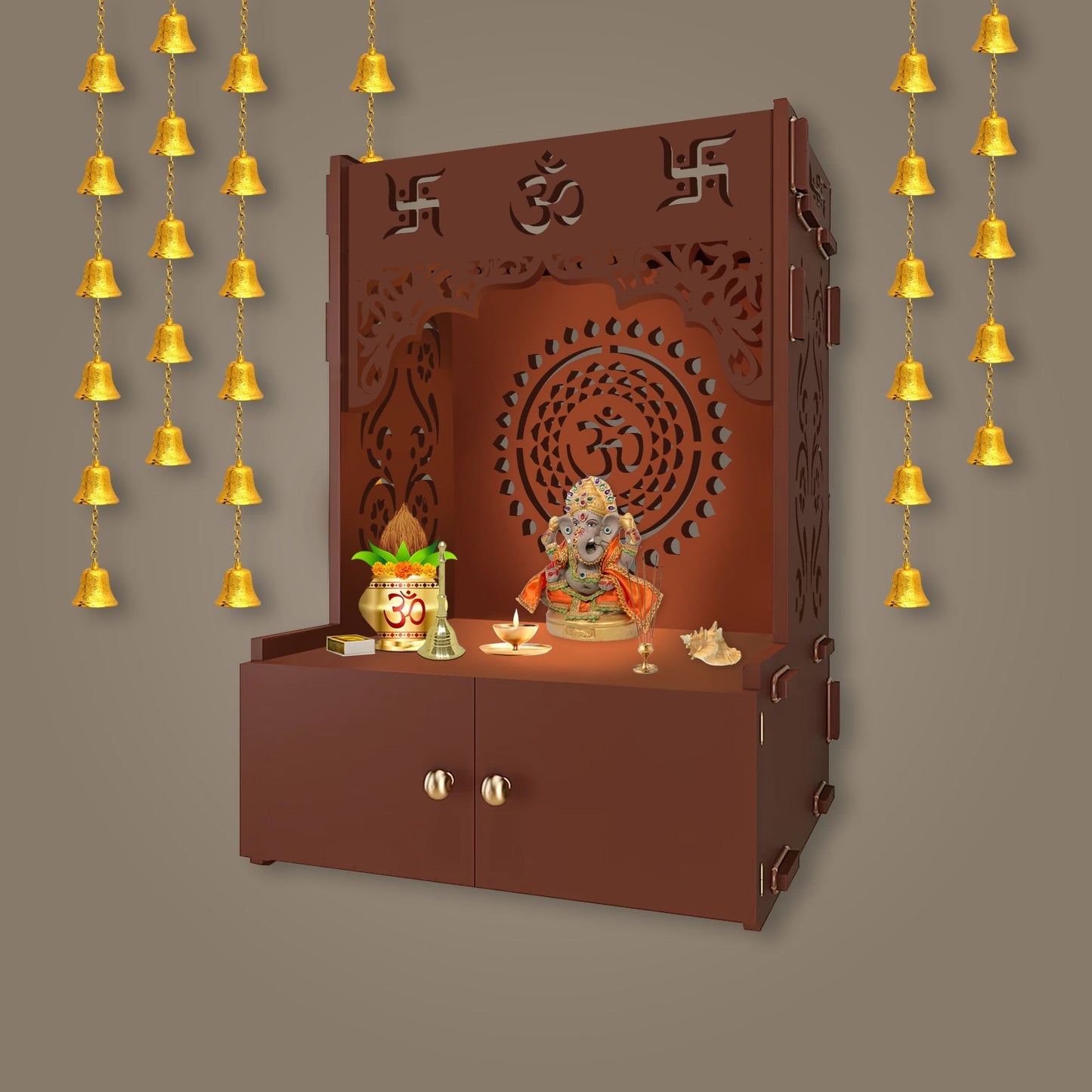 Designer Om Chakra Brown Wood Temple with Inbuilt Focus Light & Spacious Shelf