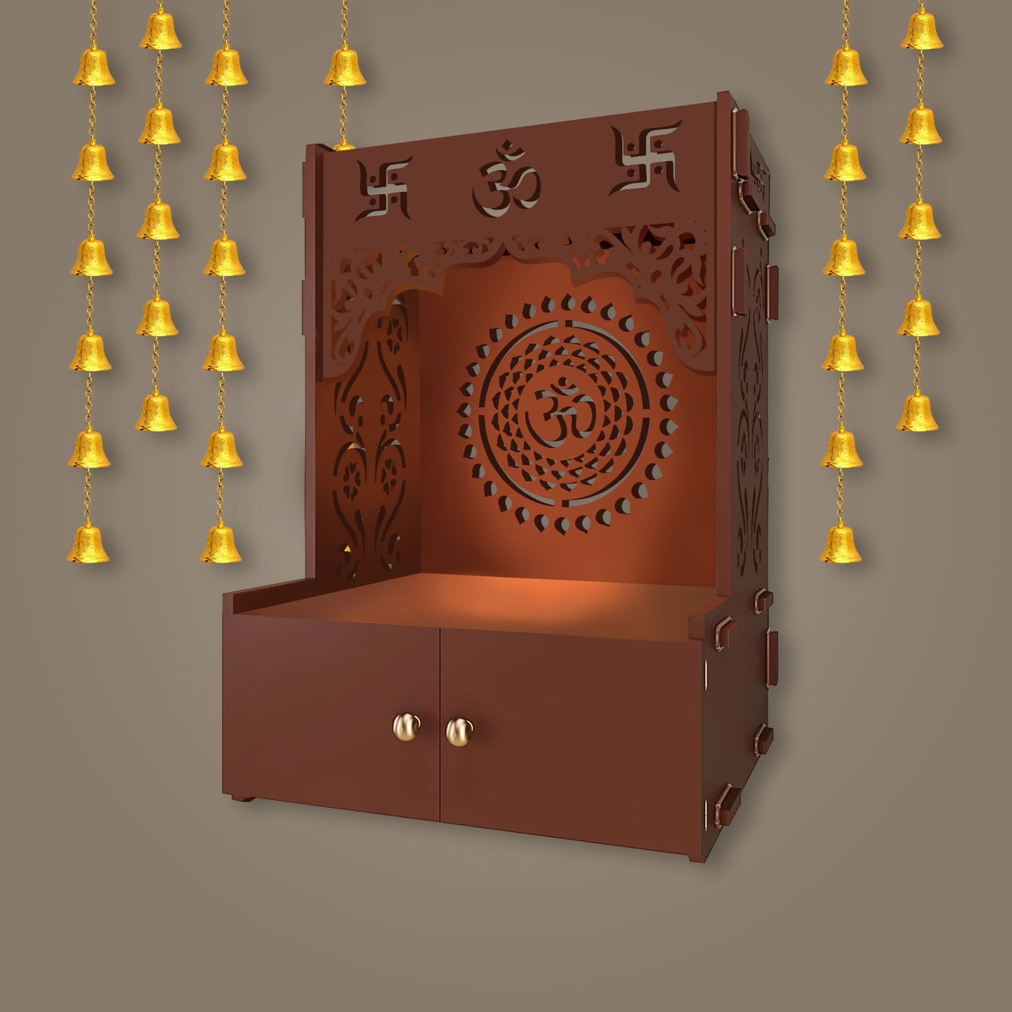 Designer Om Chakra Brown Wood Temple with Inbuilt Focus Light & Spacious Shelf