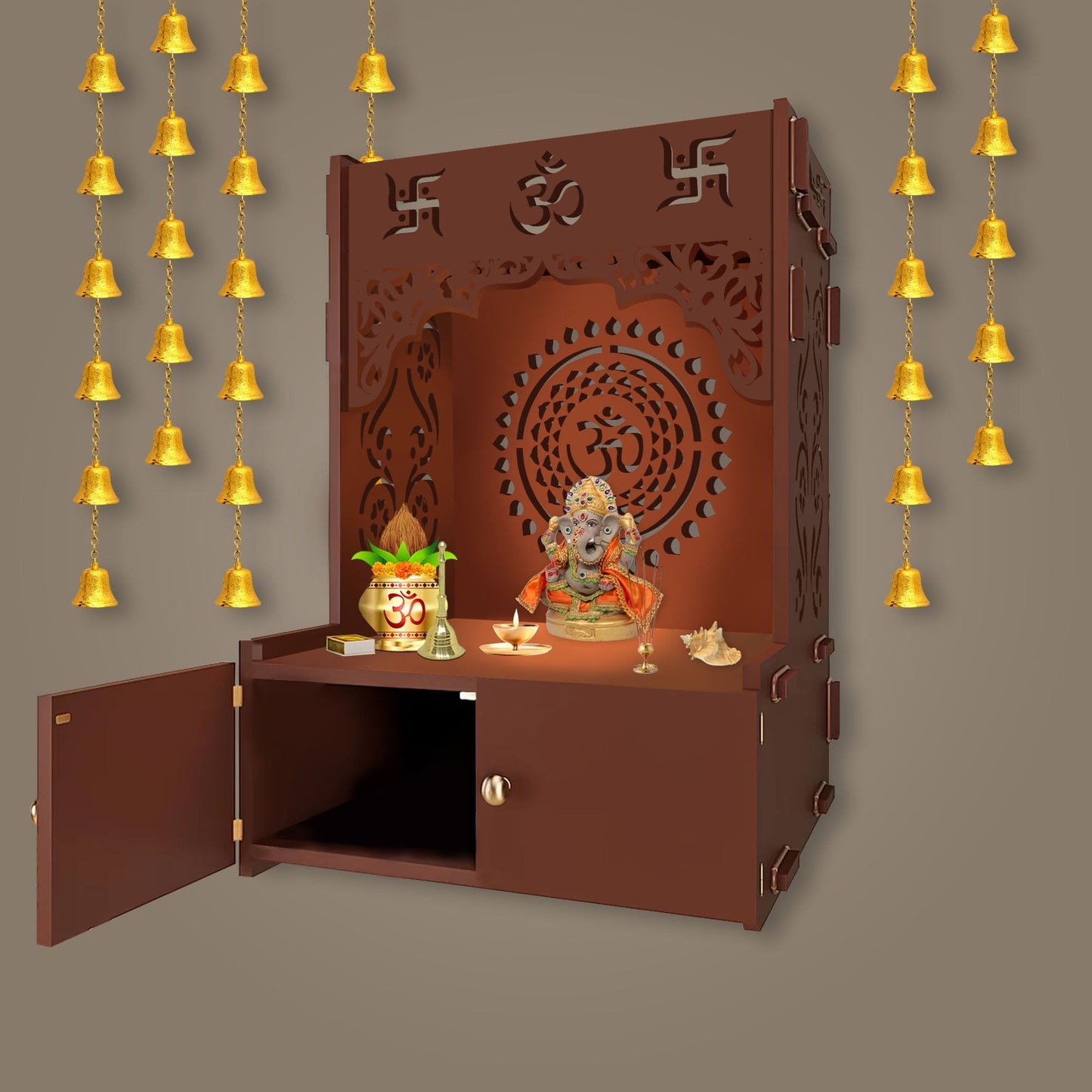 Designer Om Chakra Brown Wood Temple with Inbuilt Focus Light & Spacious Shelf