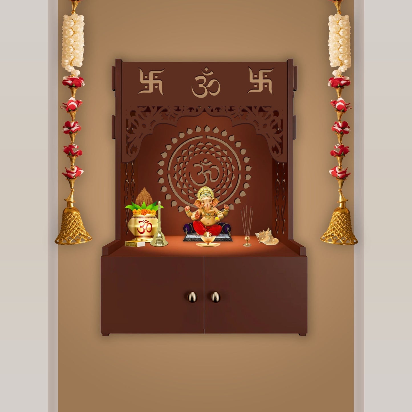 Designer Om Chakra Brown Wood Temple with Inbuilt Focus Light & Spacious Shelf