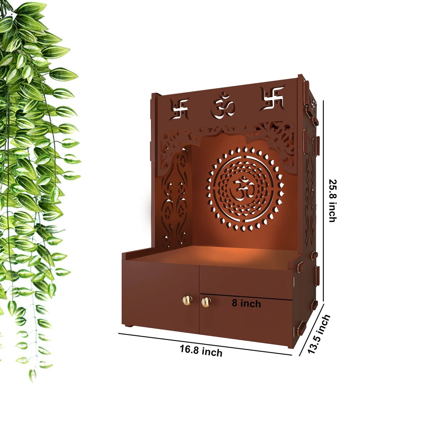 Designer Om Chakra Brown Wood Temple with Inbuilt Focus Light & Spacious Shelf