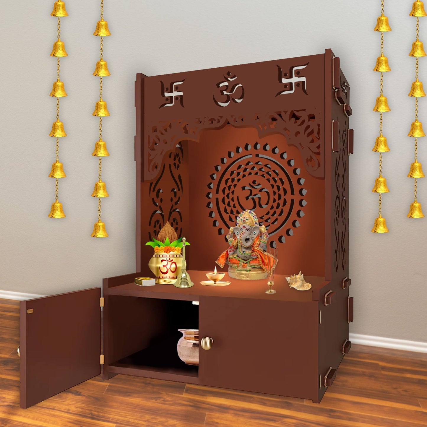 Designer Om Chakra Floor Temple with Spacious Wooden Shelf & Inbuilt Focus Light- Brown Finish